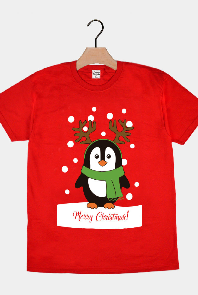 Weihnachts T-shirt in Rot für Damen und Herren mit Pinguinen