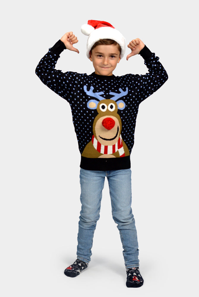3D Kinder Weihnachtspullover Blau Rentier Rudolph mit Roter Nase
