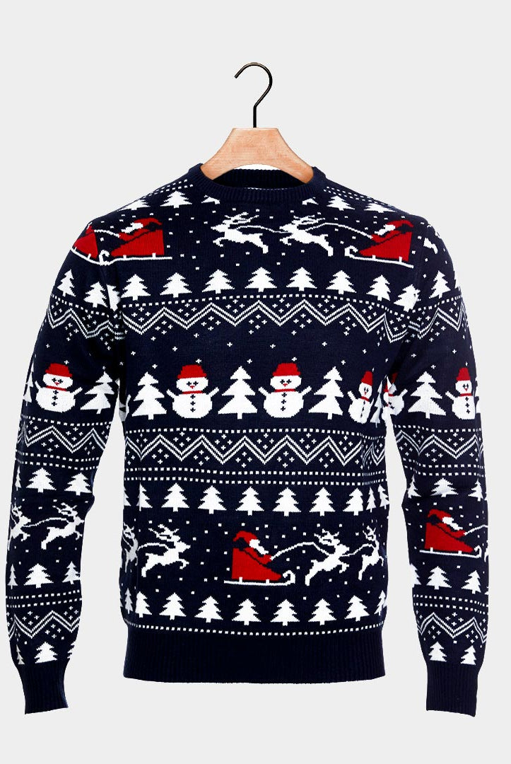 Weihnachtspullover für Paare Blau mit Bäumen, Schneemännern Weihnachtsmann