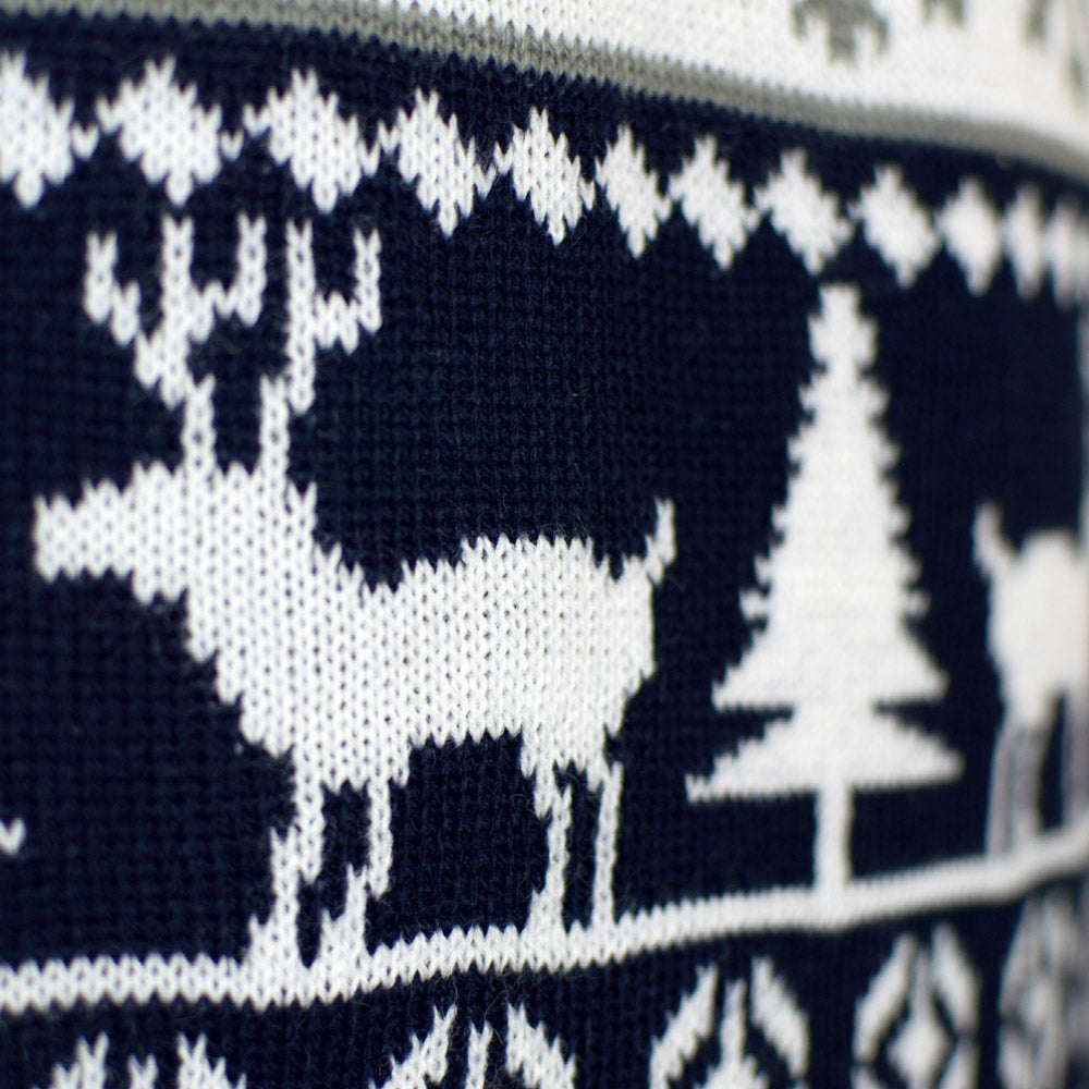 Herren Weihnachtspullover Blau mit Rentieren Weihnachtsbäumen