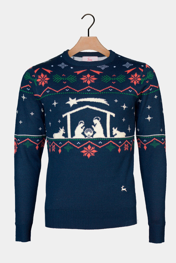 Blau Herren Weihnachtspullover Weihnachtskrippe