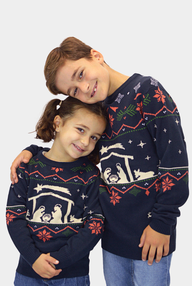 Blau Kinder Weihnachtspullover Weihnachtskrippe