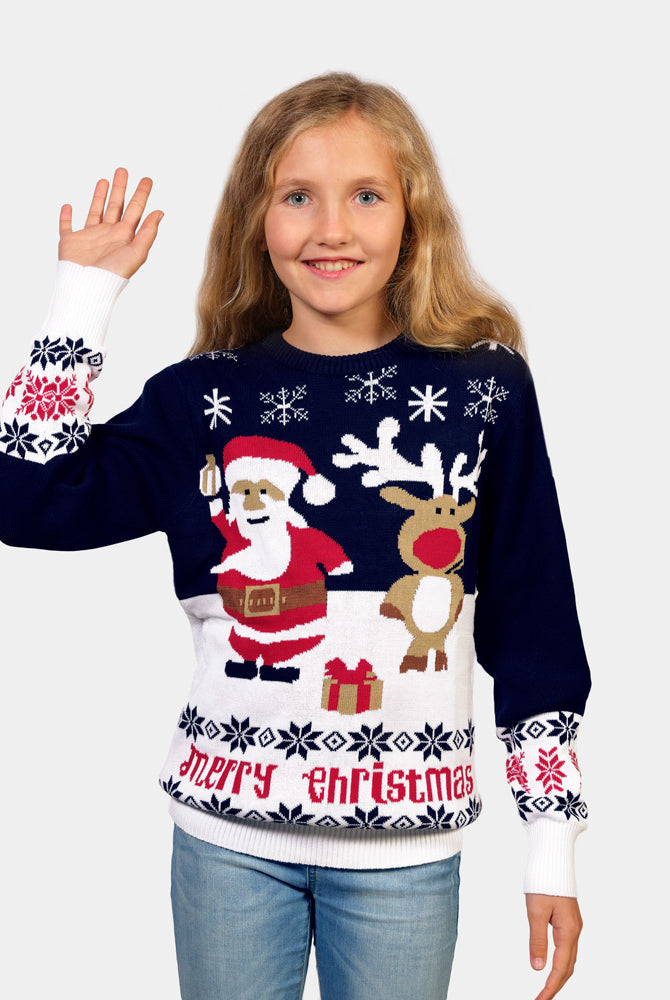 Kinder Weihnachtspullover Blau Weihnachtsmann und Rudolf