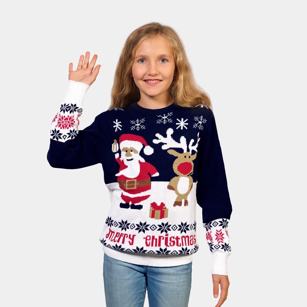Kinder Weihnachtspullover Blau Weihnachtsmann und Rudolf