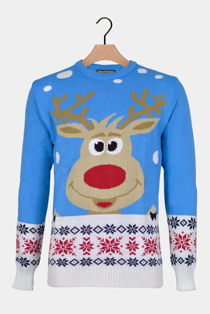 Damen Blau Rentier und Schnee Weihnachtspullover