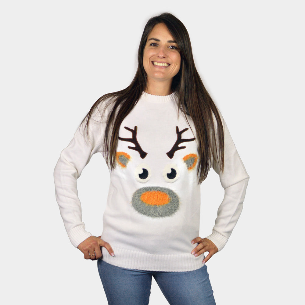 Damen Weihnachtspullover Weiß mit Rentier in 3D