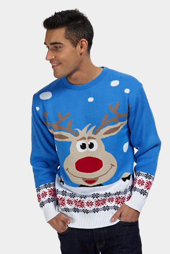 Damen Weihnachtspullover Blau Rentier Schnee