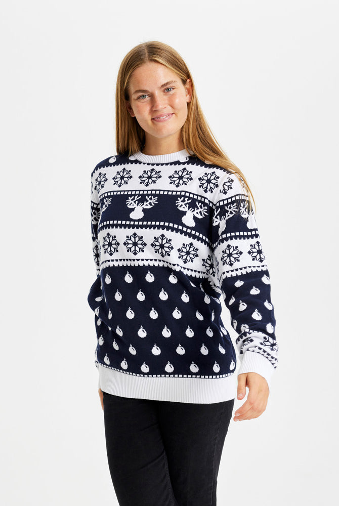 Damen Herren Weihnachtspullover Blau mit Rentieren und Schneeflocken
