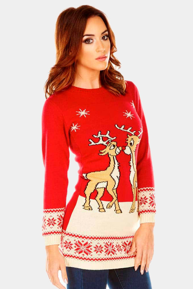 Damen Weihnachtskleid Rot mit Baby-Rentier