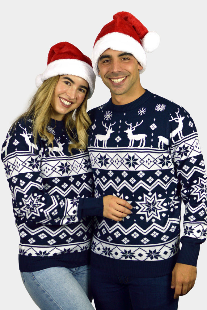 Damen Weihnachtspullover Blau mit Nordische Sternen und Rentieren Paar