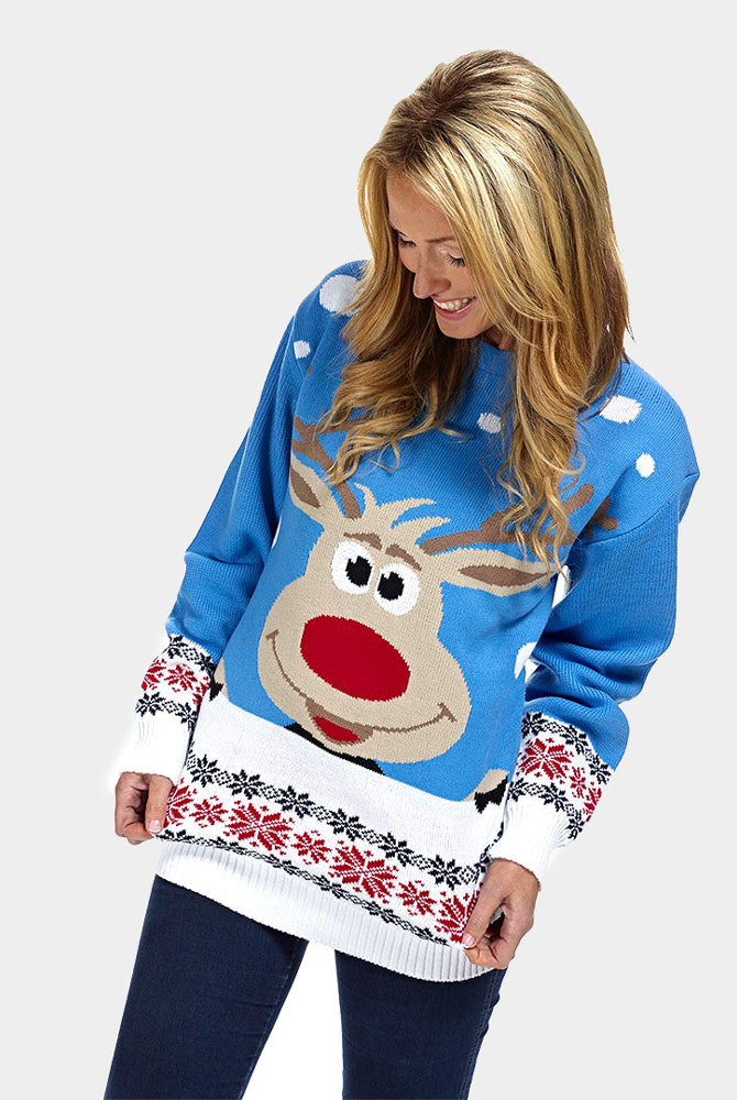 Damen Weihnachtspullover Blau mit Rentier und Schnee