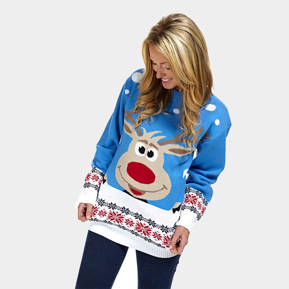 Damen Weihnachtspullover Blau mit Rentier und Schnee