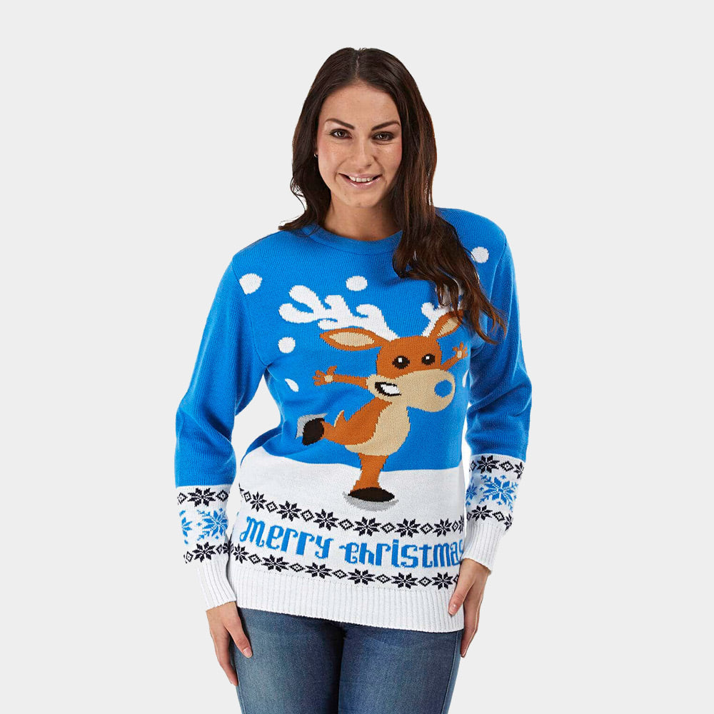 Damen Weihnachtspullover Blau mit Schlittschuh-Rentier