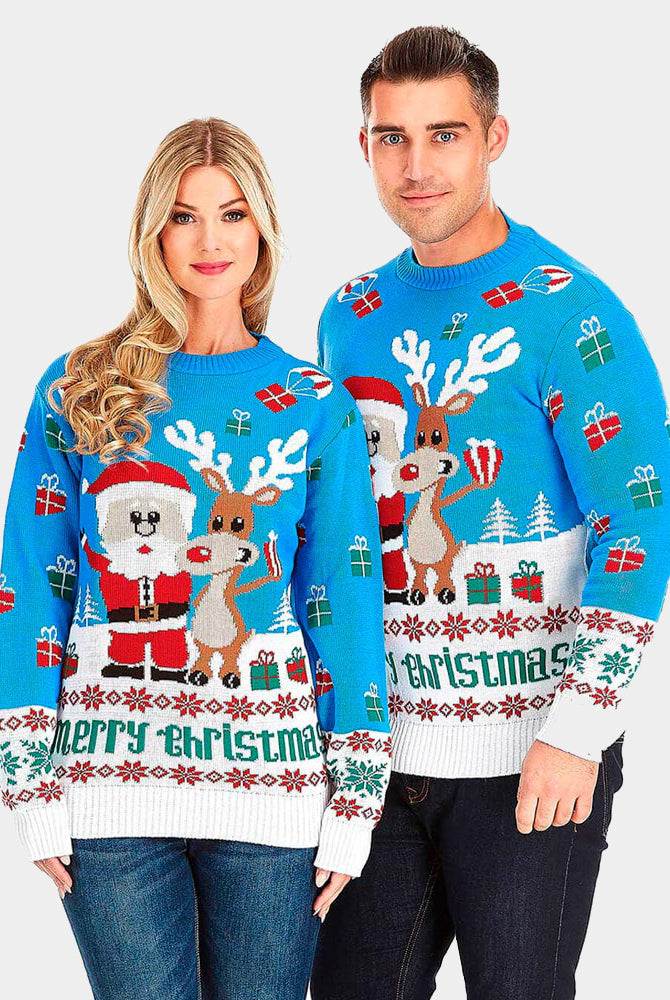 Damen Weihnachtspullover Blau mit Weihnachtsmann und Rudolf Paar