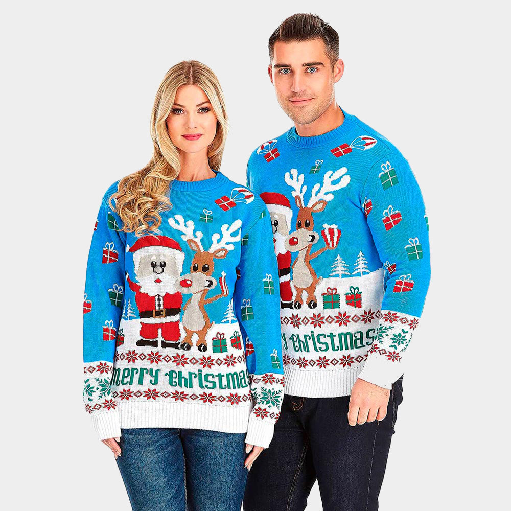 Damen Weihnachtspullover Blau mit Weihnachtsmann und Rudolf Paar