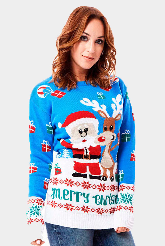 Damen Weihnachtspullover Blau mit Weihnachtsmann und Rudolf