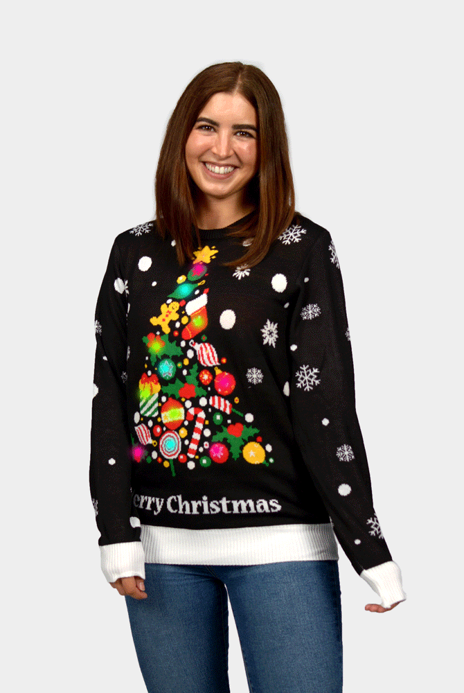 Damen Weihnachtspullover mit LED Schwarz "Merry Christmas"