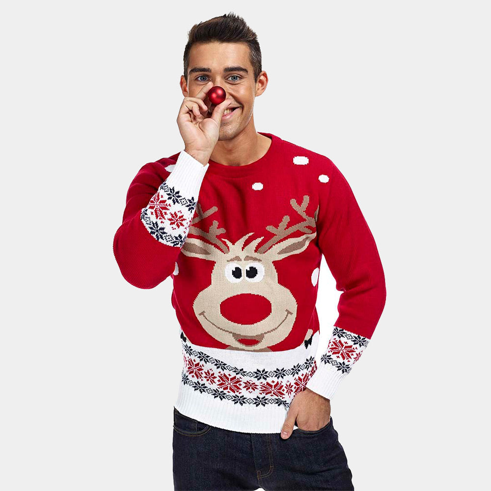 Damen Weihnachtspullover Rot mit Rentier und Schnee Herren