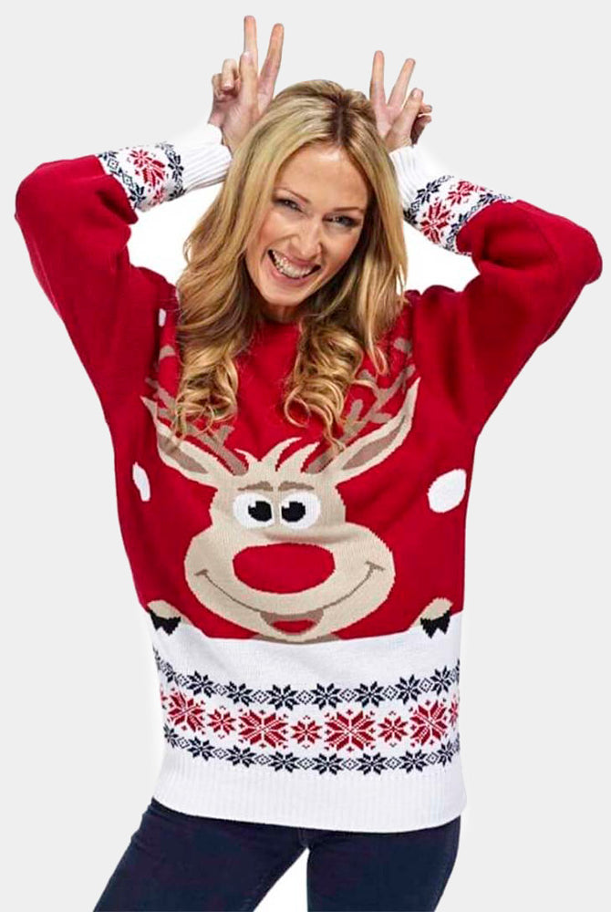 Damen Weihnachtspullover Rot mit Rentier und Schnee