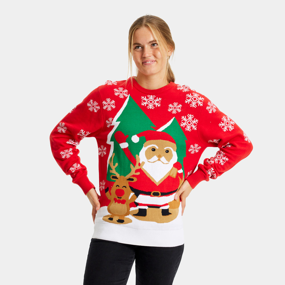 Weihnachtspullover Damen Rot mit Weihnachtsmann und winkendem Rentier