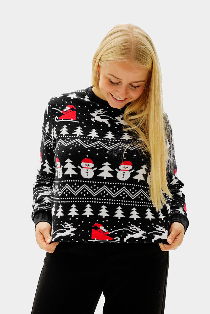Damen Weihnachtspullover Schwarz mit Bäumen, Schneemännern und Weihnachtsmann