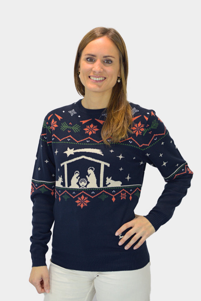 Damen Weihnachtspullover Blau Weihnachtskrippe
