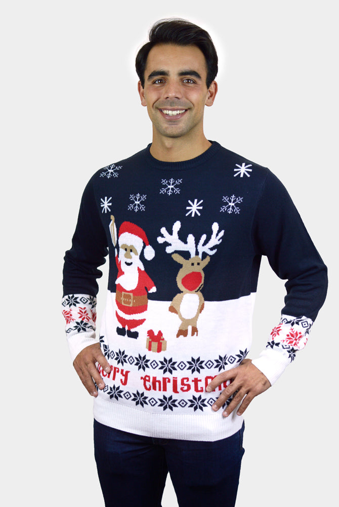 Familien Herren Weihnachtspullover Blau mit Weihnachtsmann und Rudolf