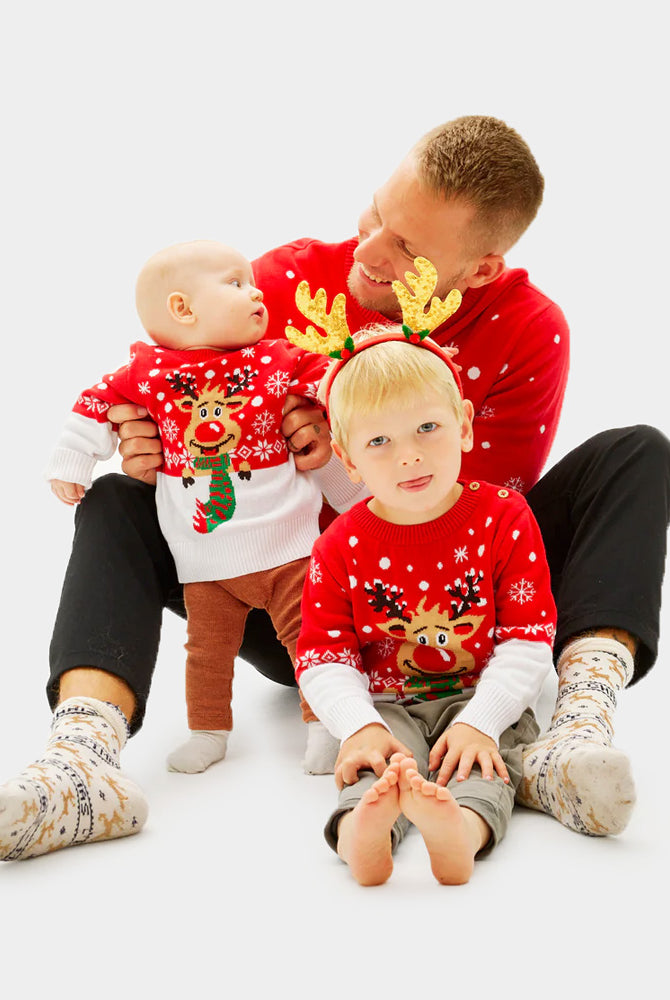 Familien Kinder Weihnachtspullover Rot Rudolf mit Schal