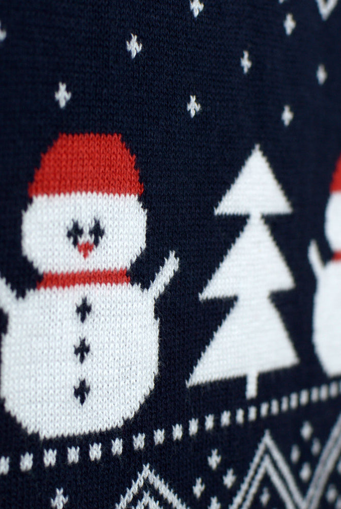 Familien Schneemännern Weihnachtspullover Blau mit Bäumen Weihnachtsmann