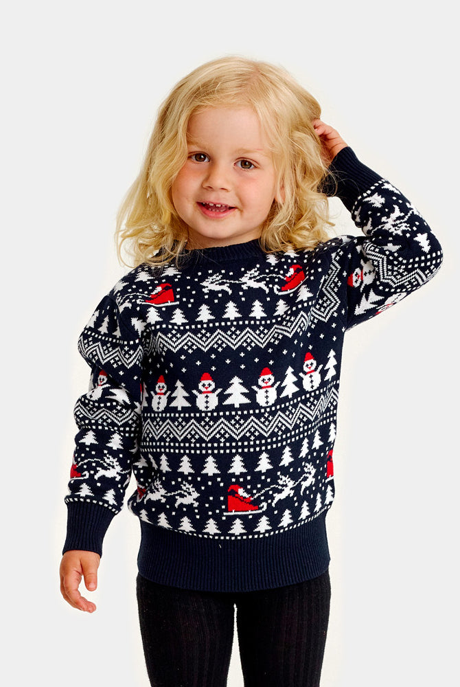 Familien Weihnachtspullover Blau mit Bäumen, Schneemännern und Weihnachtsmann Kinder