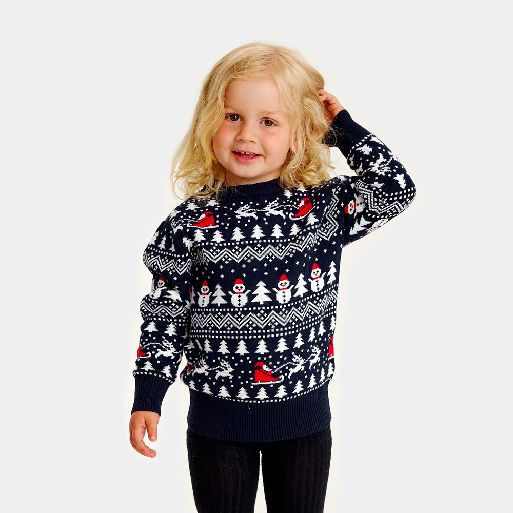 Familien Weihnachtspullover Blau mit Bäumen, Schneemännern und Weihnachtsmann Kinder