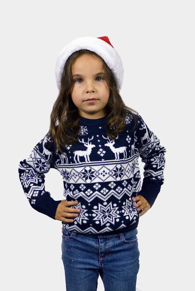 Familien Weihnachtspullover Blau mit Nordische Sternen und Rentieren Kinder