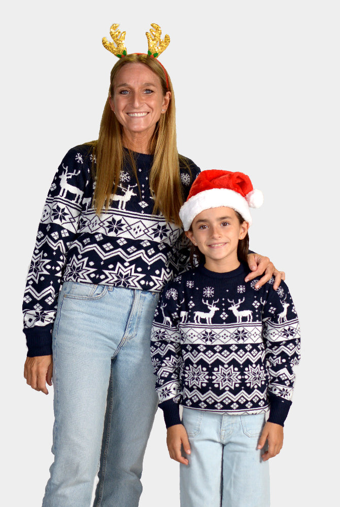 Familien Weihnachtspullover Blau mit Nordische Sternen und Rentieren