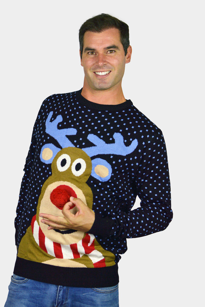 Familien Weihnachtspullover Blau Rentier Rudolph mit Roter Nase 3D Herren