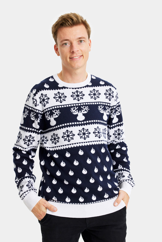 Familien Weihnachtspullover Blau mit Rentieren und Schneeflocken Herren