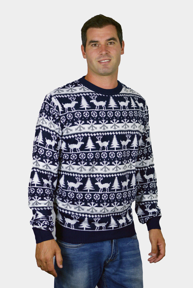 Familien Weihnachtspullover Blau mit Rentieren und Weihnachtsbäumen Herren