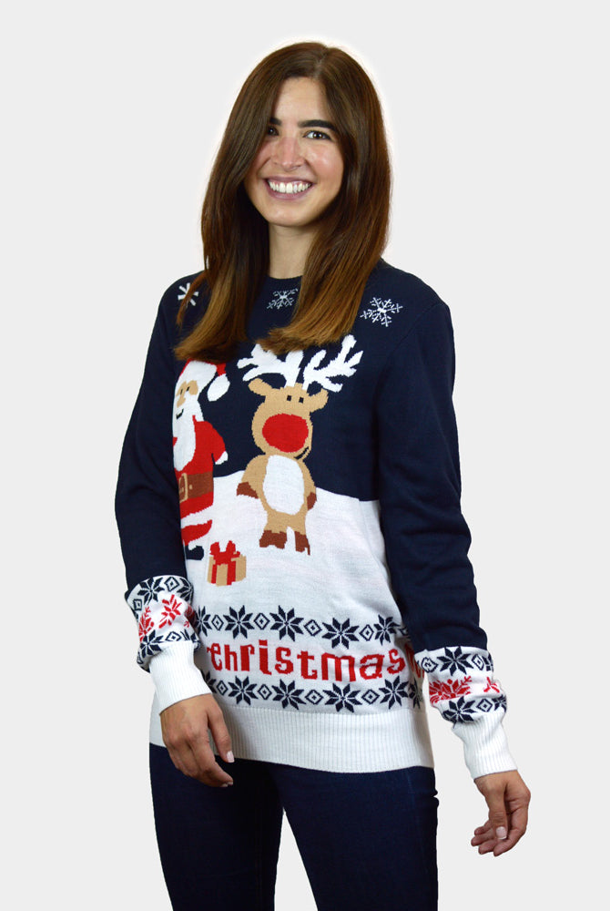 Familien Weihnachtspullover Blau mit Weihnachtsmann und Rudolf Damen