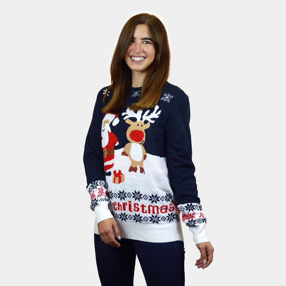 Familien Weihnachtspullover Blau mit Weihnachtsmann und Rudolf Damen