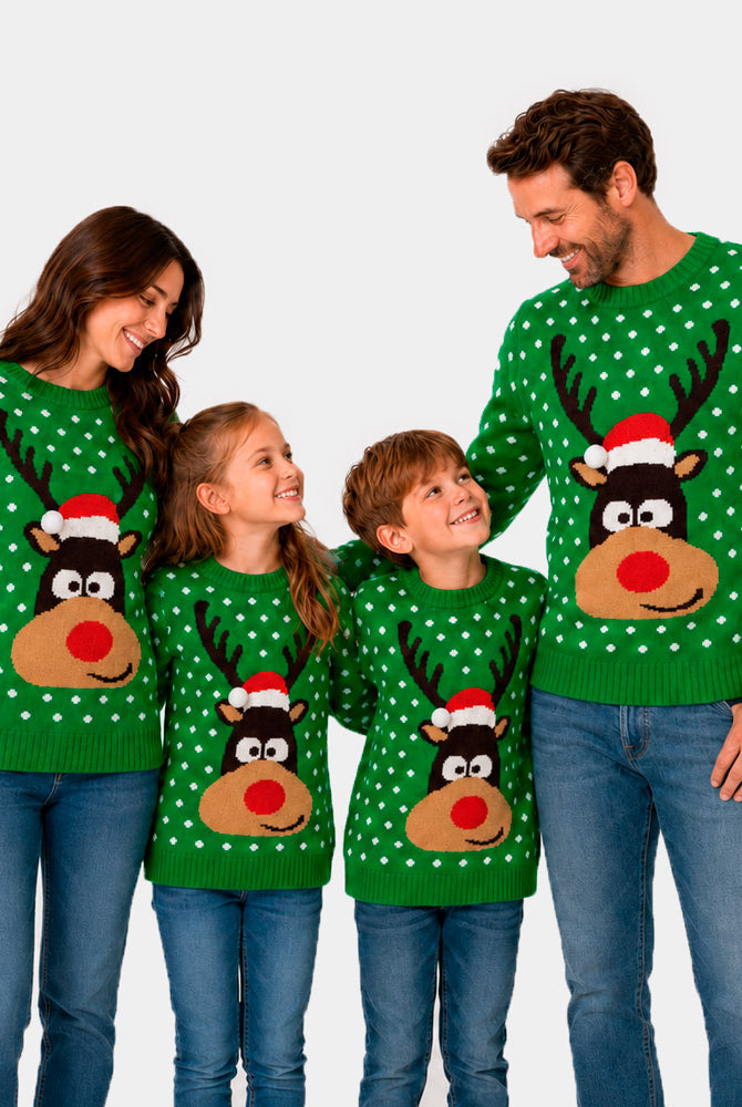 Familien Weihnachtspullover Grün mit Weihnachtsmütze 3D