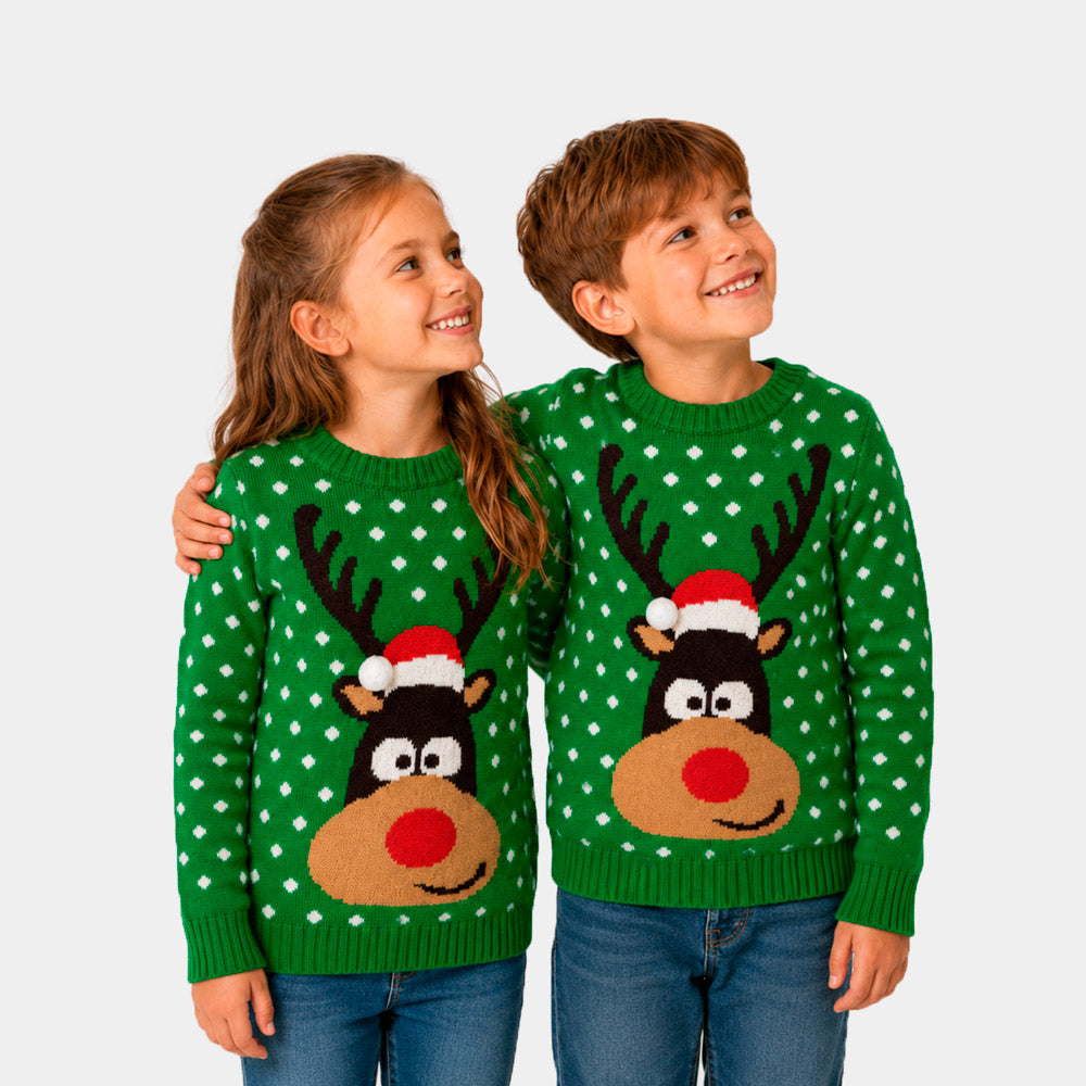 Familien Weihnachtspullover Grün mit Weihnachtsmütze in 3D Kinder