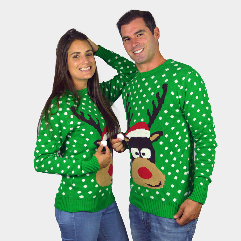 Familien Weihnachtspullover Grün mit Weihnachtsmütze in 3D Paar
