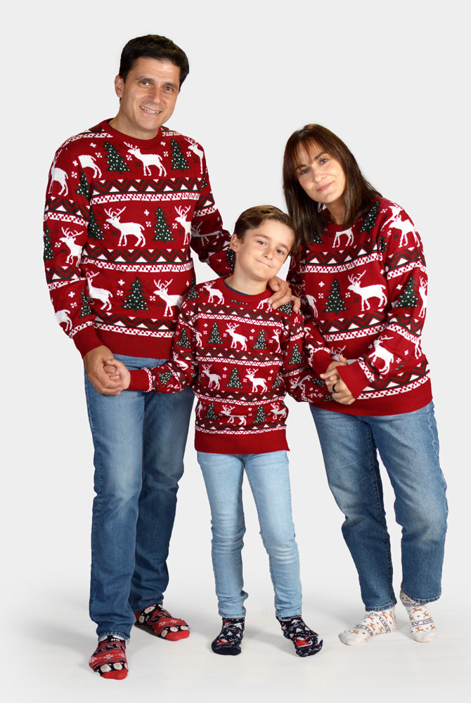 Familien Weihnachtspullover Rot mit Rentieren und Weihnachtsbäumen