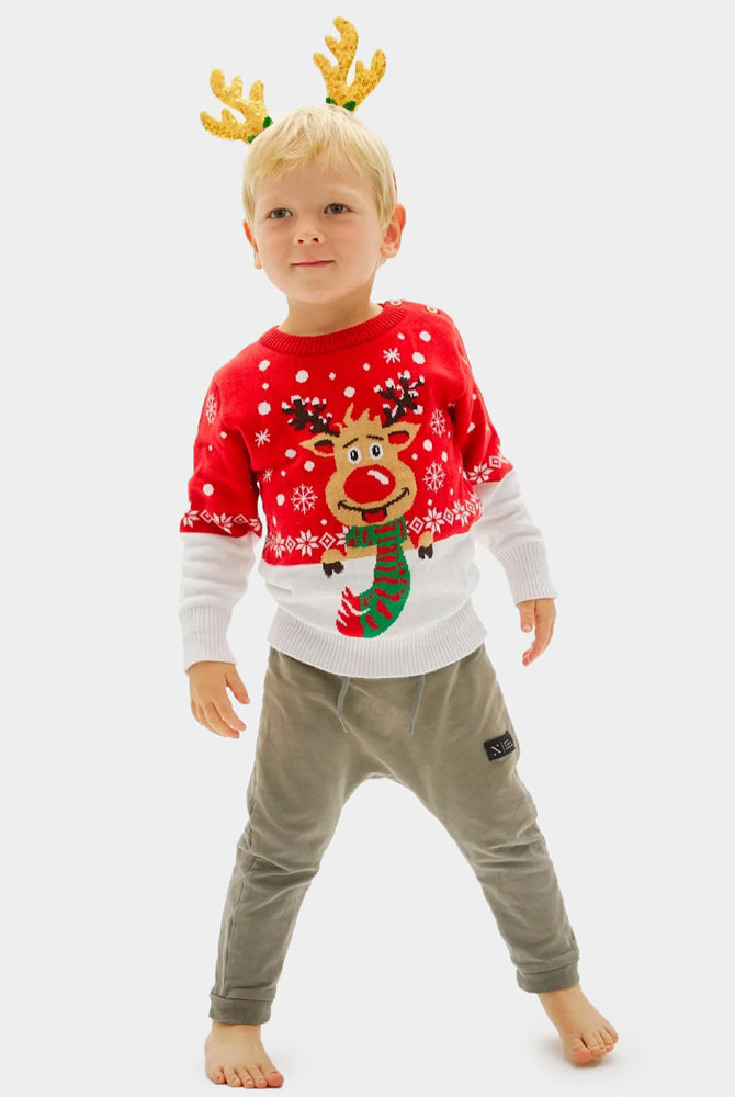 Familien Weihnachtspullover Rot Rudolf mit Schal Kinder
