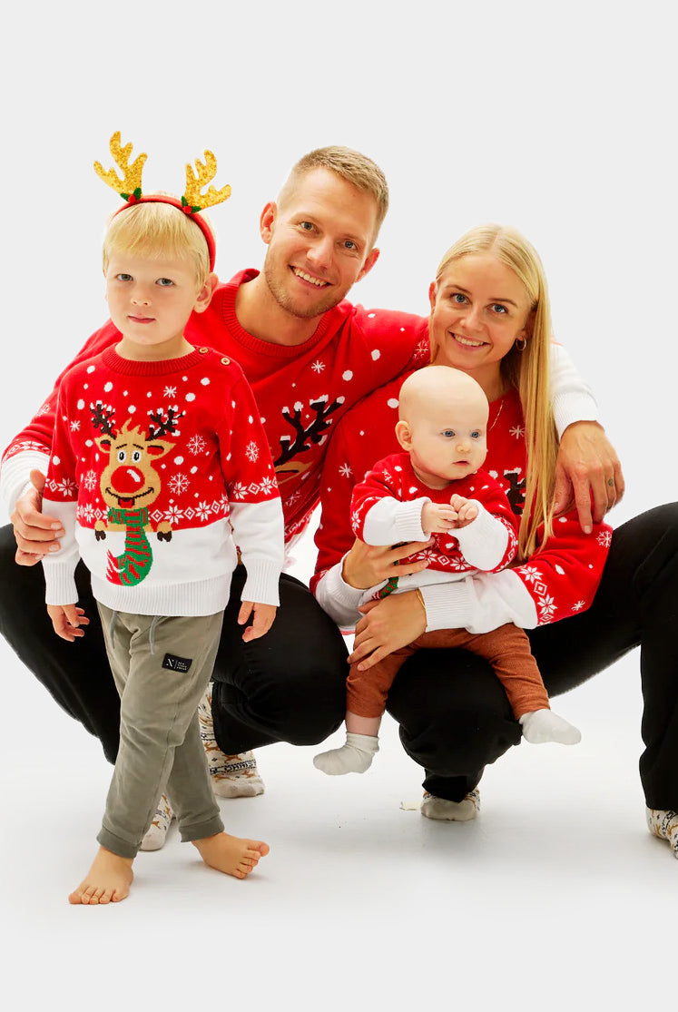 Familien Weihnachtspullover Rot mit Schal Rudolf