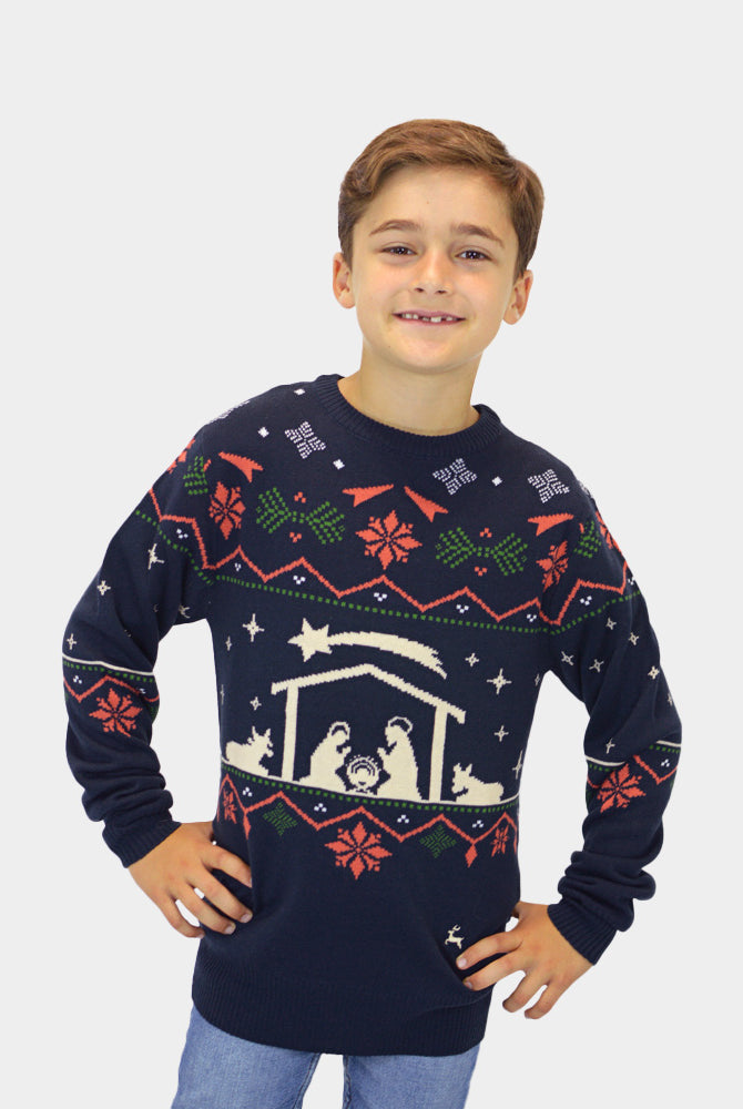 Familien Weihnachtspullover Blau Weihnachtskrippe Kinder