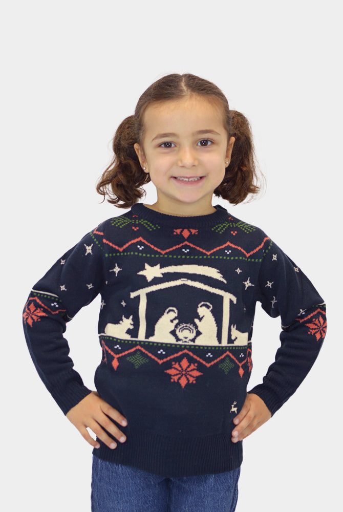 Familien Weihnachtspullover Blau Weihnachtskrippe Kinder