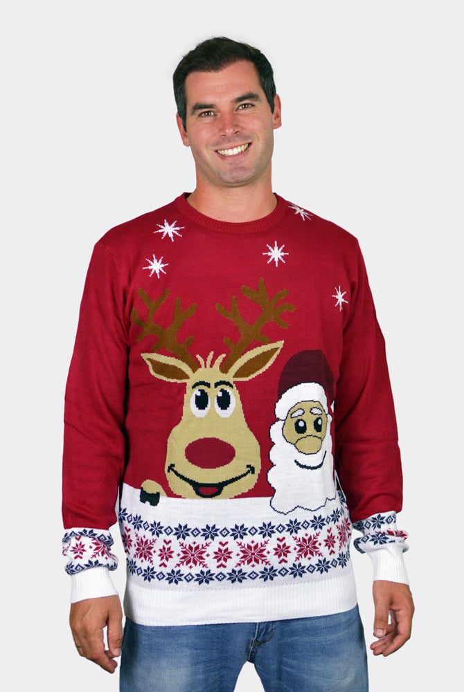 Familien Weihnachtspullover mit Weihnachtsmann und Rentier Rudolph Herren