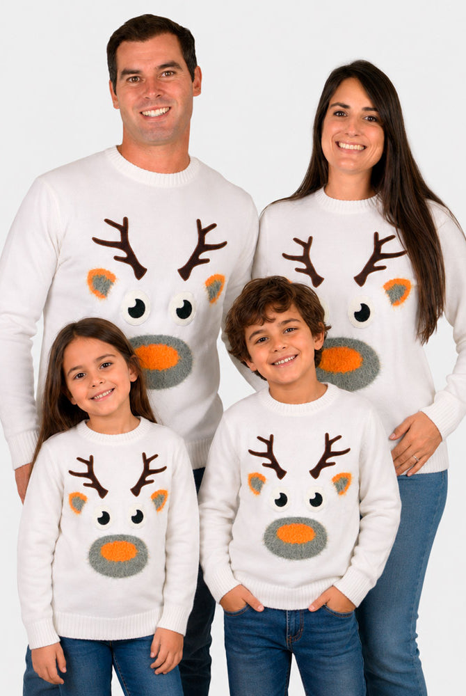 Familien Weihnachtspullover Weiß mit Rentier in 3D