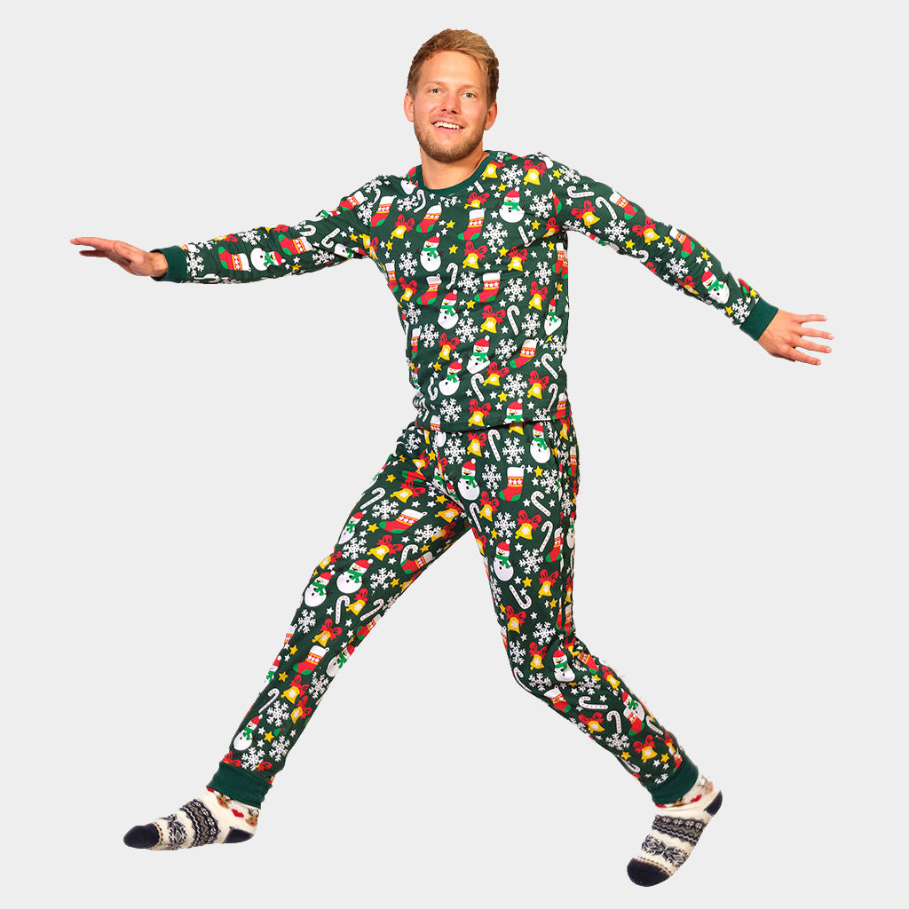 Weihnachtspyjama für Erwachsene Unisex Grün mit Weihnachtsmotiven aus Bio-Baumwolle Herren