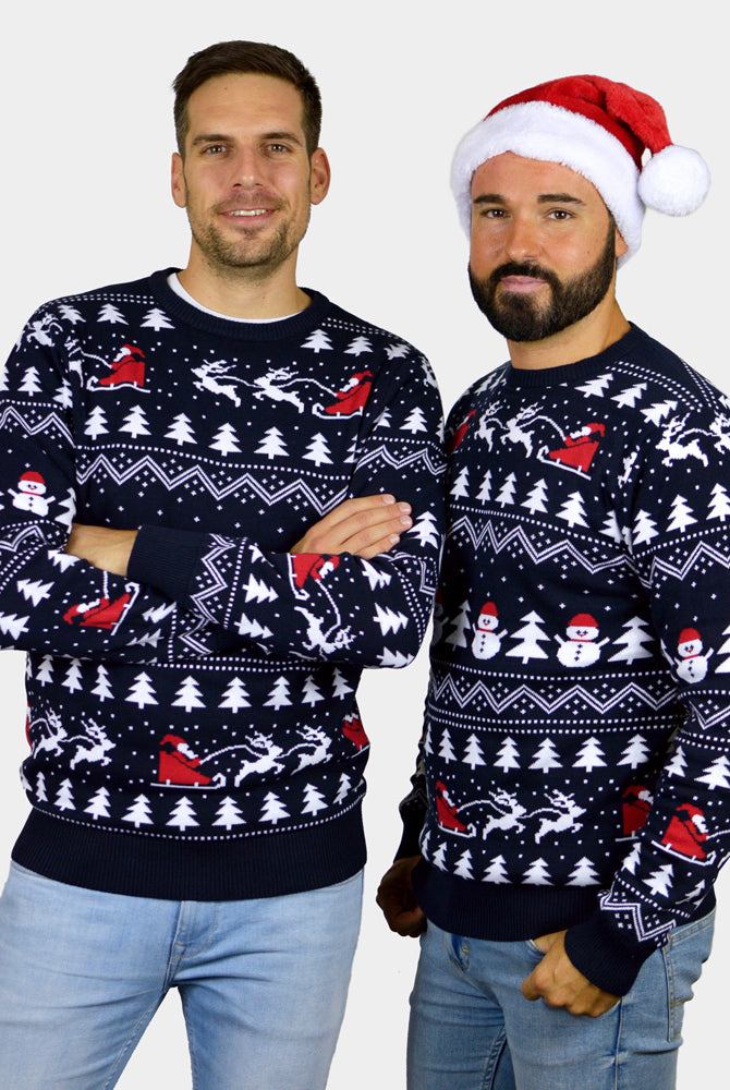 Herren Weihnachtspullover Blau mit Bäumen, Schneemännern und Weihnachtsmann Paar